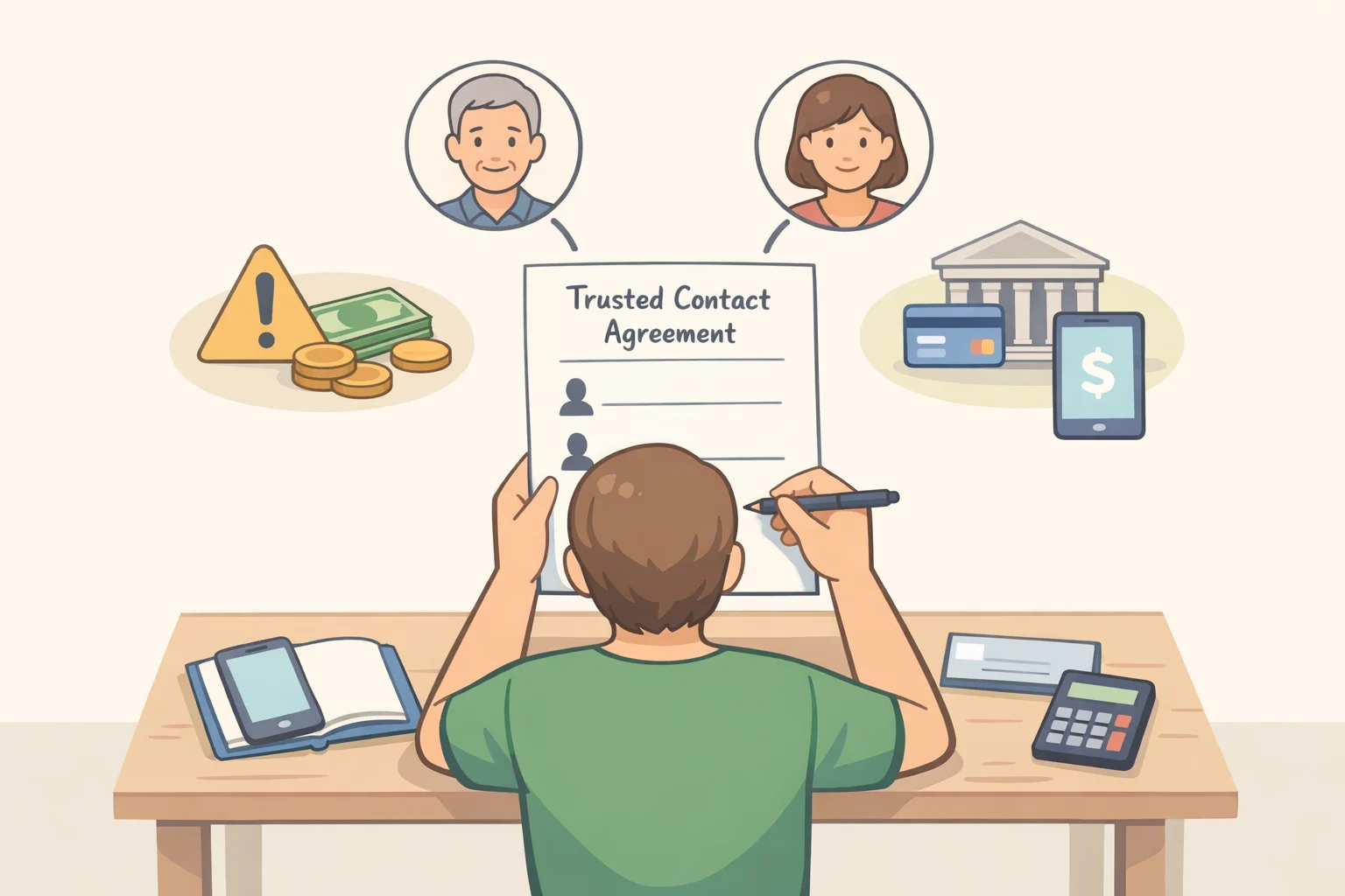 Illustration of an older adult and family member setting up a trusted-contact agreement card as part of how to protect older adults from scams before any money is moved
