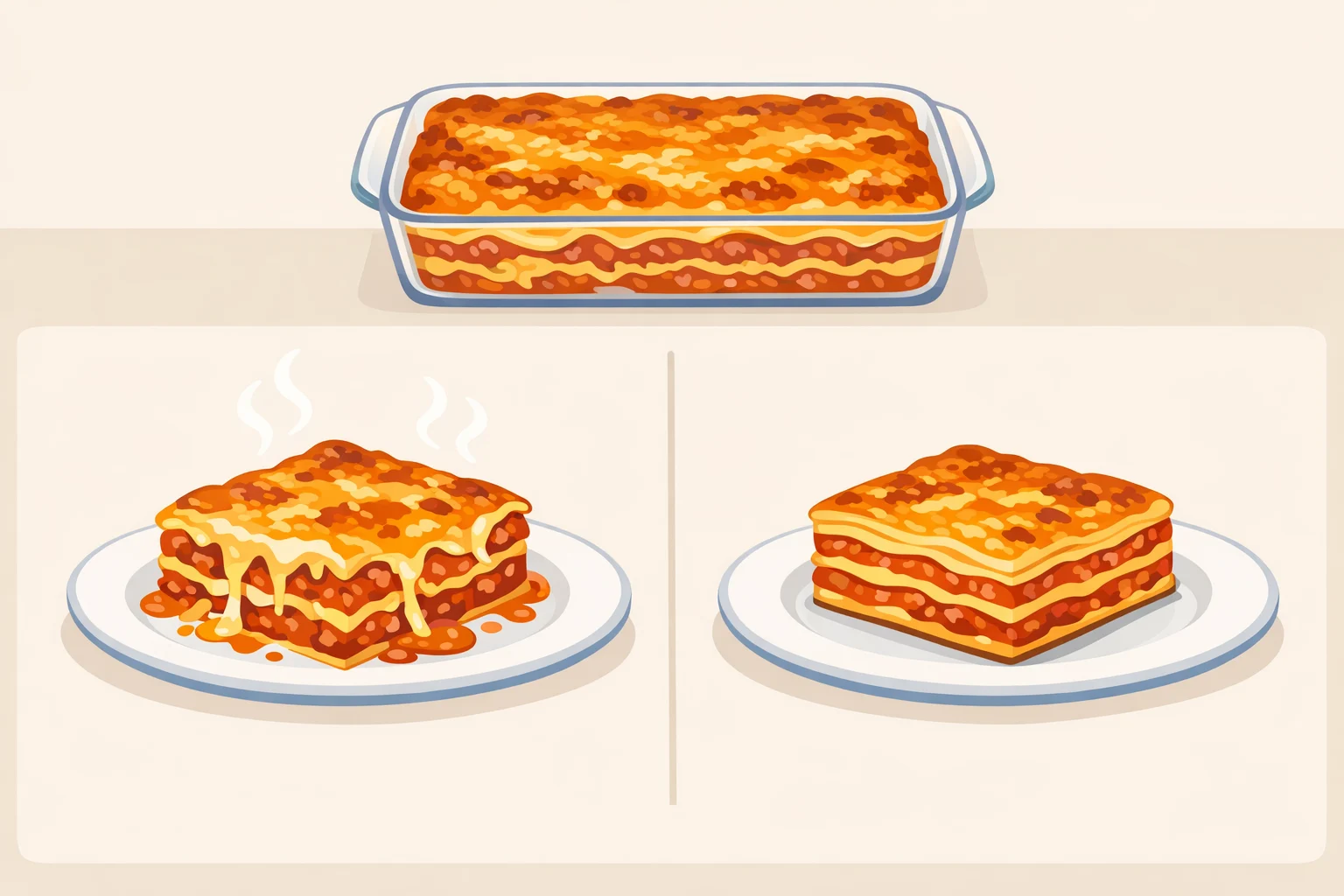Illustration comparing two lasagna slices: one collapsed when cut too soon and one with clean, defined layers after resting 15–20 minutes