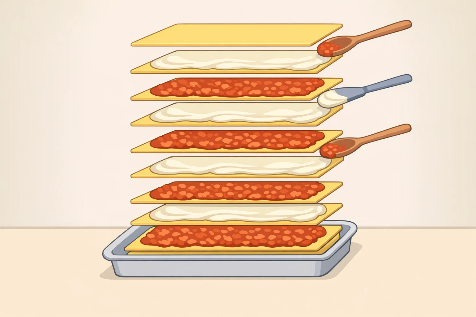 Step-by-step illustration of assembling seven lasagna layers with thin, even spreads of Bolognese and béchamel wall to wall, finishing with béchamel and Parmigiano crust
