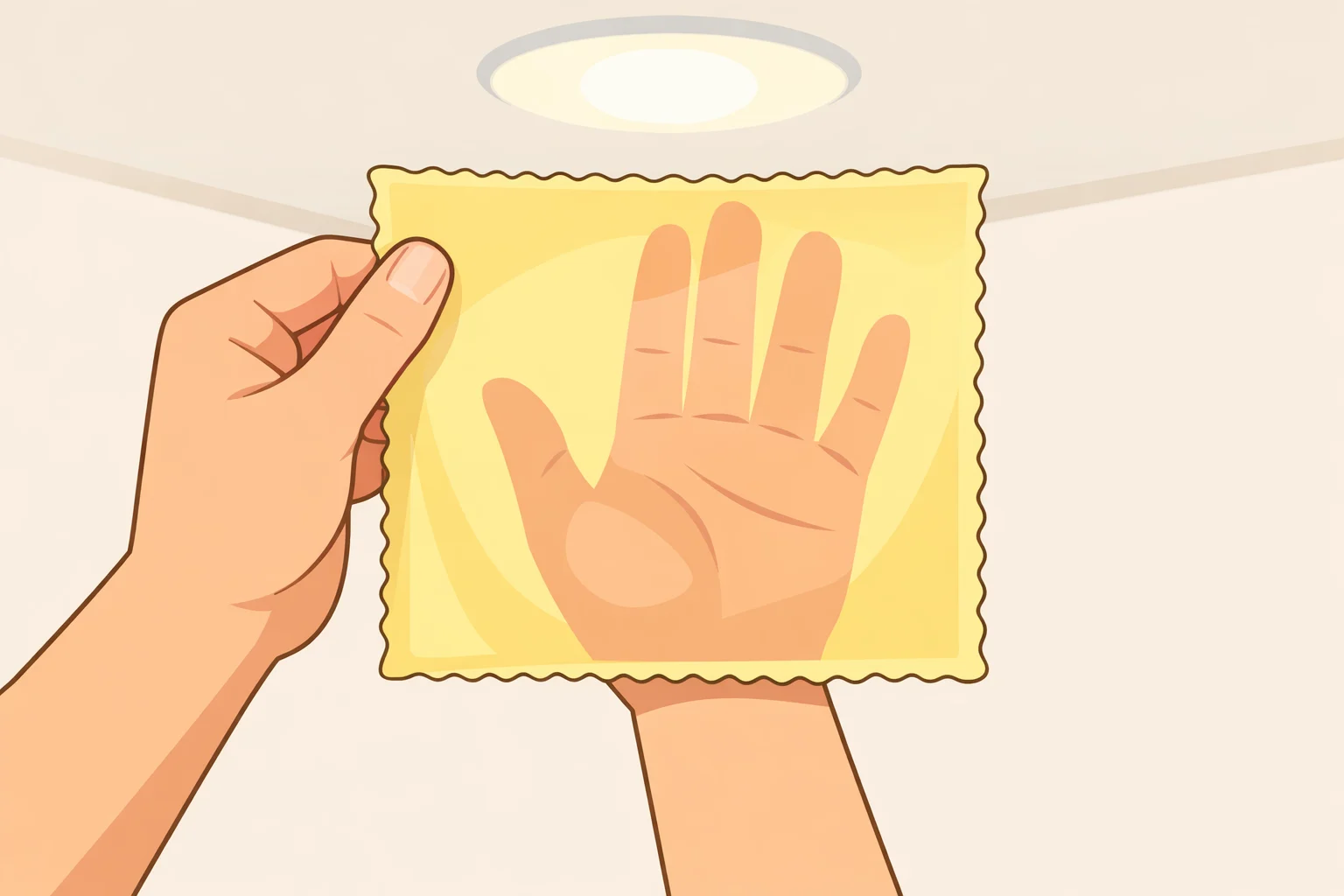 Illustration of a fresh lasagna pasta sheet held up to a light so the hand can be seen through it, emphasizing near-translucent thickness