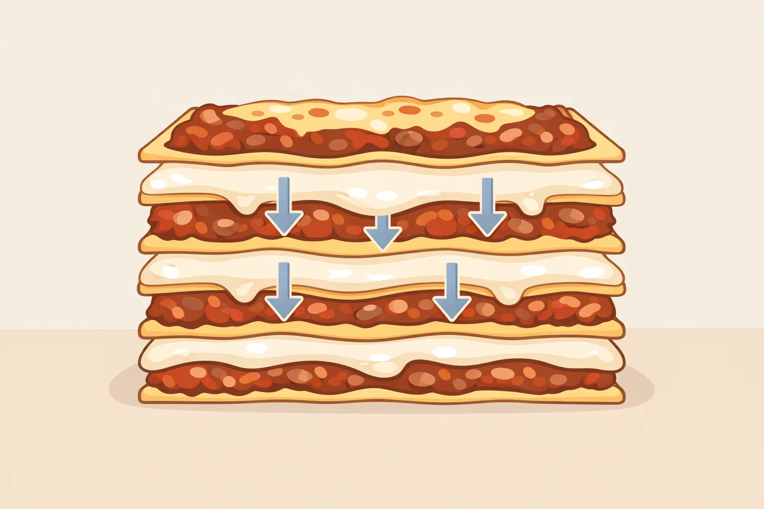 Cross-section illustration showing béchamel acting as the glue and moisture layer between thin lasagna sheets for how to make lasagna better, with ricotta contrasted as discrete pockets