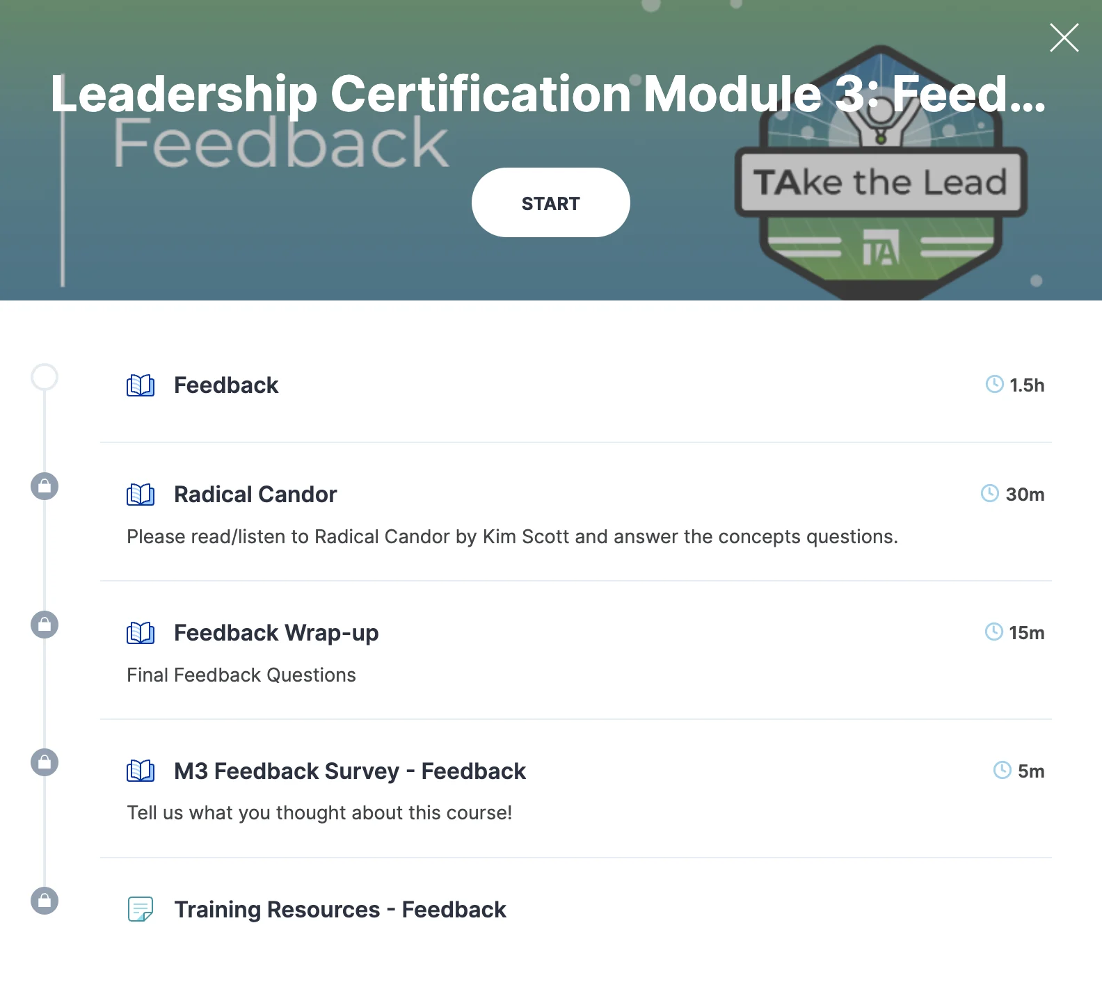 TechnologyAdvice's LMS displays a list of lessons in a leadership course on giving feedback to employees.