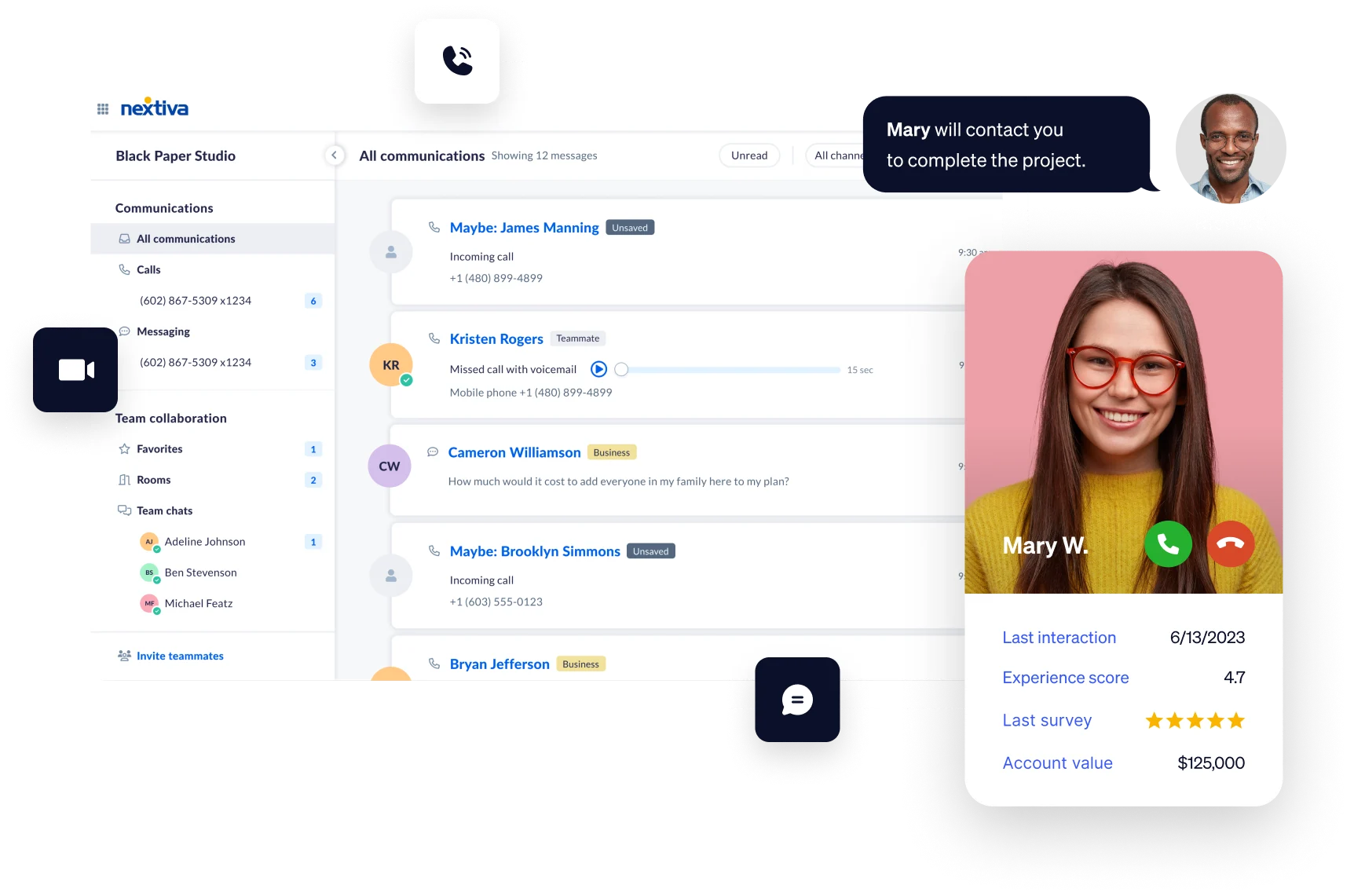Yellow background overlaid with communication channels from Nextiva's group inbox and customer photos and data from a previous interaction.