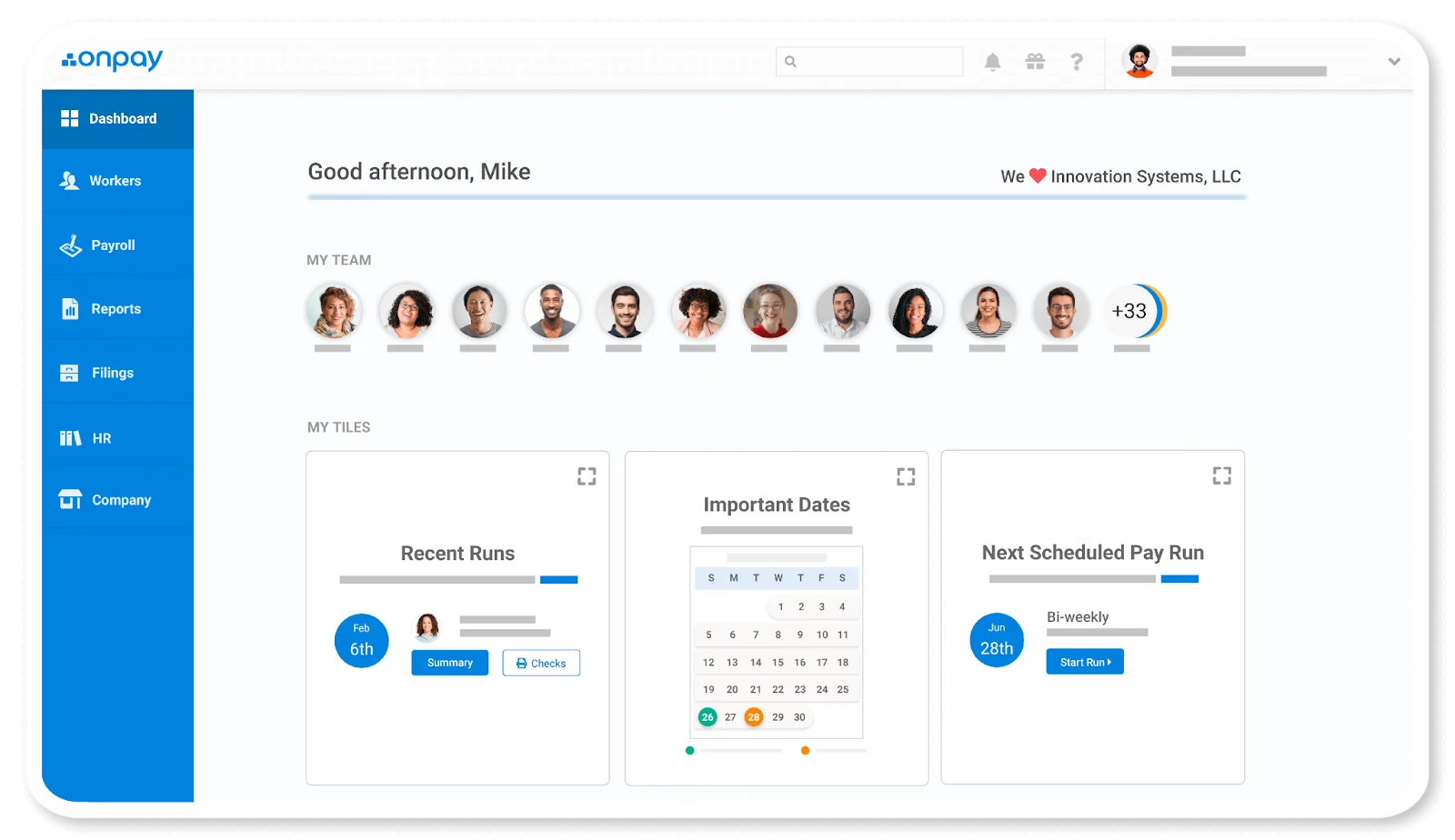 An OnPay payroll and HR software dashboard displaying team members, recent payroll runs, important dates on a calendar, and the next scheduled pay run.