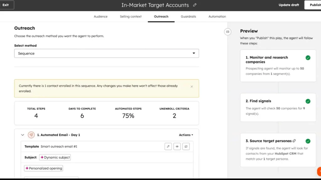 HubSpot Prospecting Agent outreach workflow showing automated emails and a preview of its research, signal detection, and persona-sourcing steps.