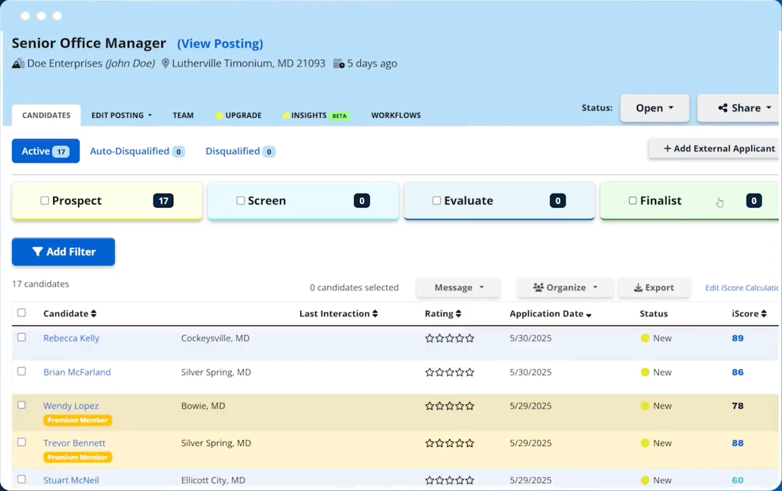 iHire’s candidate screening system calculates an iScore that shows which candidates are the best fit for that particular role.