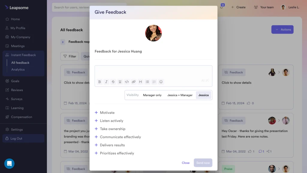 Leapsome's Instant Feedback feature shows a pop-up window for providing feedback with a list of competencies at the bottom of the window.