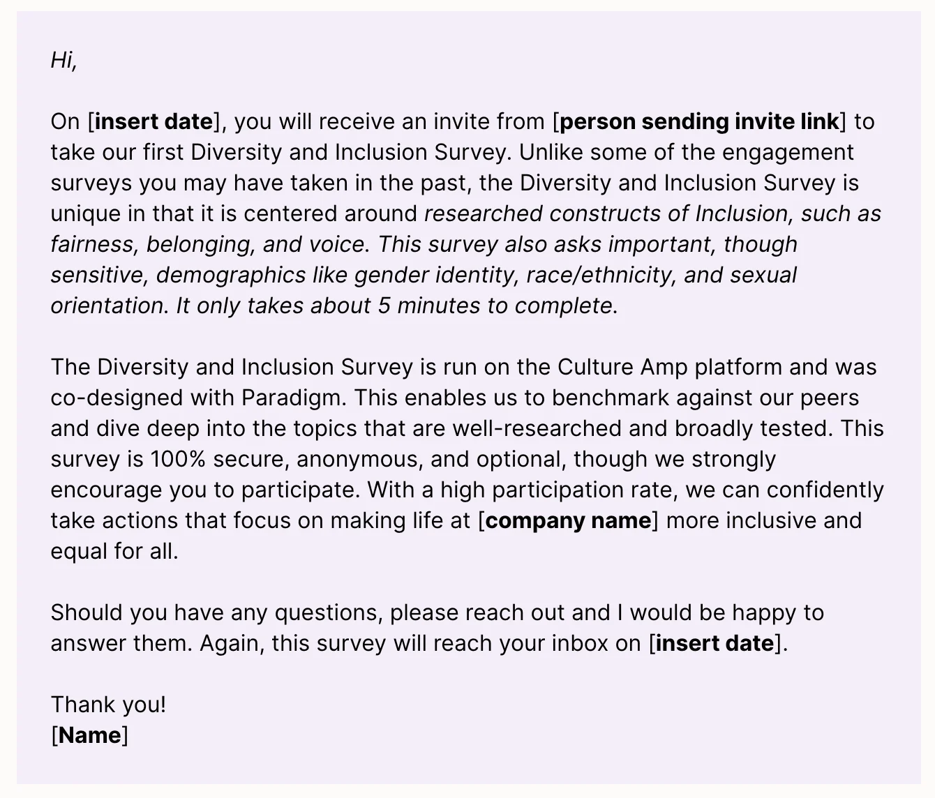 CultureAmp's template for a DEI survey invitation email.