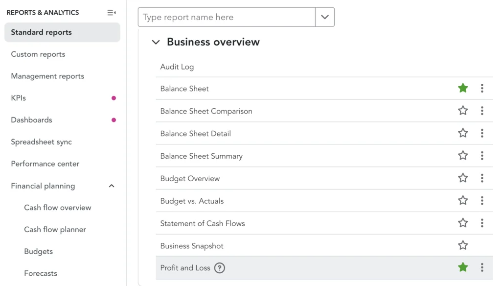 Accessing the P&L report in QuickBooks Online