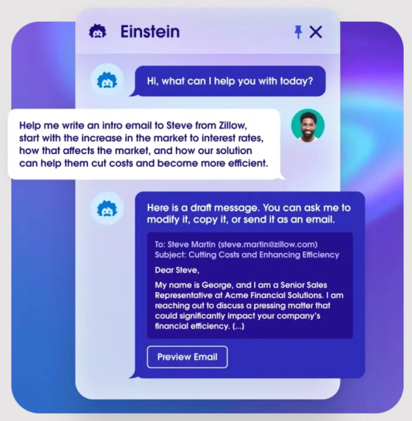 Salesforce Einstein assistant generating an introductory sales email from a rep’s instructions, with a Preview Email button.