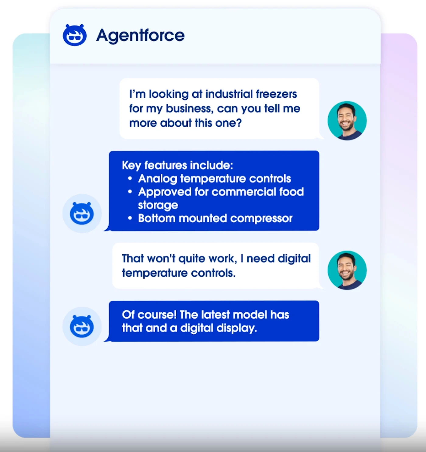 Salesforce Agentforce Sales chat example answering questions about an industrial freezer and suggesting a newer model with digital temperature controls.